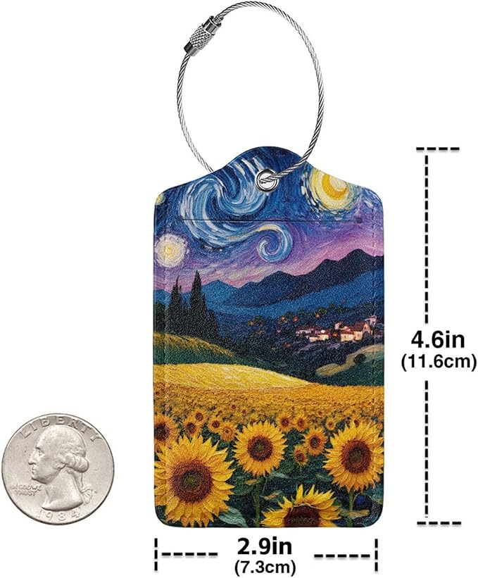 2 Pack Luggage Tags for Suitcases, PU Leather Bag Tag with Privacy Cover Address Card Travel Essentials-Starry Sky Sunflower