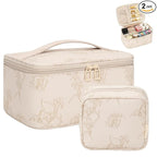 OCHEAL Makeup Bag Set, Portable Travel Makeup Bags Cosmetic Organizer Bag for Women Cute Floral Cosmetic Pouch Large Capacity Make up Bag PU Leather Toiletry Bags with Divider and Handle-Beige