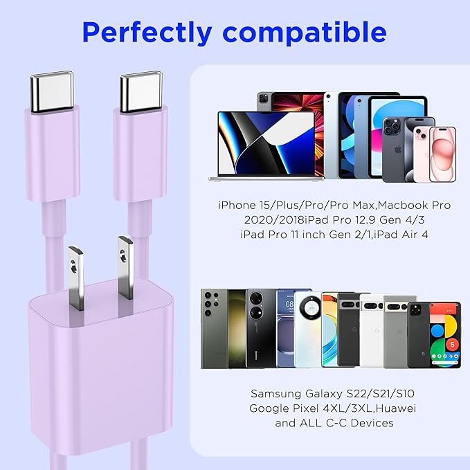 iPhone 17 16 15 Charger Fast Charging,2Pack 20W Apple iPad USB C Wall Chrager Block with 6FT USB C to C Cable for iPhone 17/Pro/Pro Max/17 Air/ 16/16 Pro/16 Pro Max/15/Plus/Pro/Pro Max (Purple)