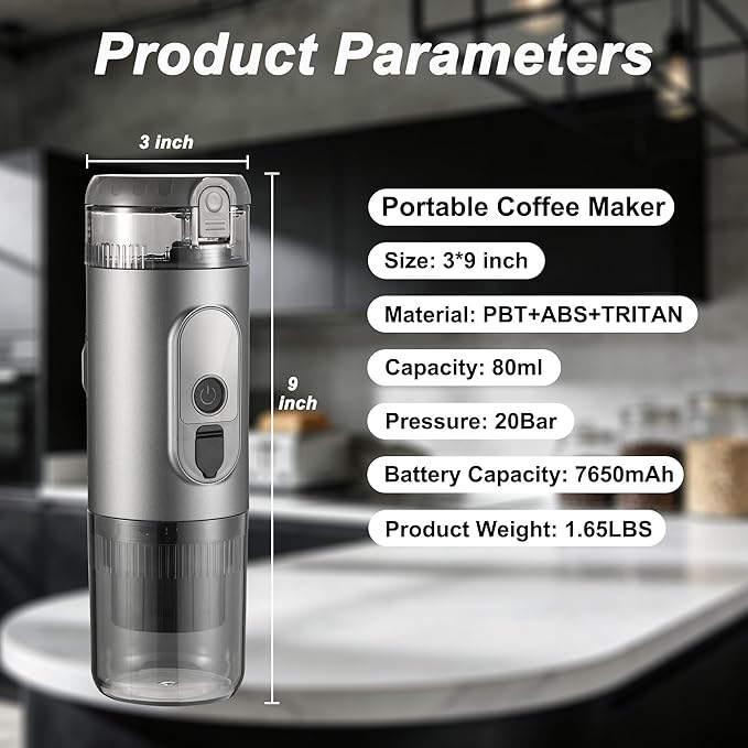 Portable Electric Espresso Machine Self-Heating Travel Coffee Maker 2-in-1 Compatible with Ground Coffee & NS Capsules for Camping, RV, Car, Hiking & Office, Gray