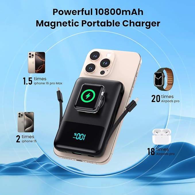 Magnetic Portable Charger for iPhone with Built-in Cable,10800mAh Wireless Power Bank for Magsafe Travel Essential,6-in-1 25W PD Fast Charging USB C Battery Pack for iPhone 17/16/15/14/13, Apple Watch