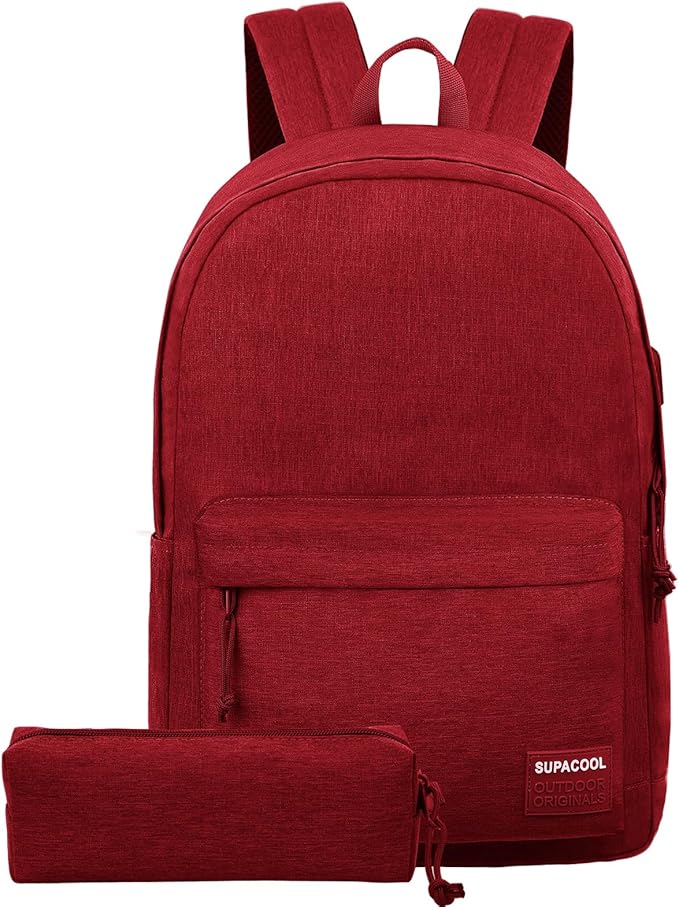 SUPACOOL Casual Laptop Backpack for Men and Women, Backpack with USB Charging Port(Garnet set)