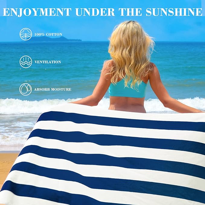 Exclusivo Mezcla 4 Pack Cotton Oversized 35x70 Inches Soft Cabana Stripe Thick Beach Towel, Super Absorbent Travel Bath Pool Towel (Dark Navy)