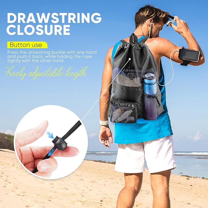 HOHOM Swim Mesh Beach Bag, Waterproof Gym Bags for Women and Men, Large Pool Bag Swimming Gear Drawstring Backpack