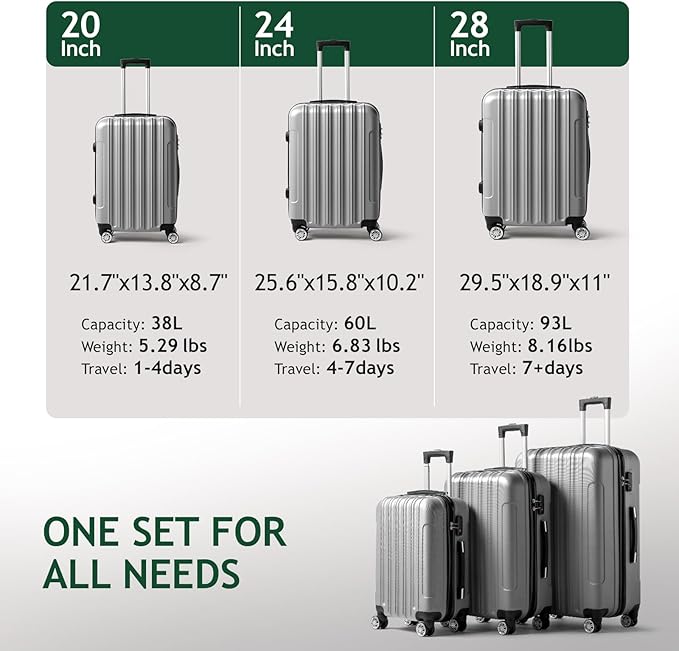 3 Piece Luggage Sets, Lightweight ABS Suitcase with 4 Spinner Wheels ＆ TSA Locks, Hardside Carry On Luggage Durable Suitcase Set for Family Travel Business - Grey, 20/24/28