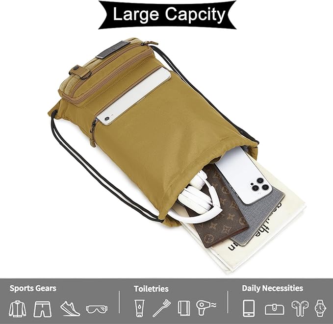 seyfocnia Drawstring Backpack Tactical String Bag with Zipper Pockets Waterproof Cinch Bag Sport Gym Sackpack - Khaki