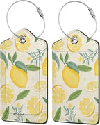 2 Pack Luggage Tags for Suitcases, PU Leather Bag Tag with Privacy Cover Address Card Travel Essentials-Summer Lemon