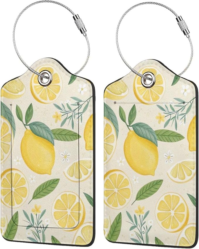 2 Pack Luggage Tags for Suitcases, PU Leather Bag Tag with Privacy Cover Address Card Travel Essentials-Summer Lemon