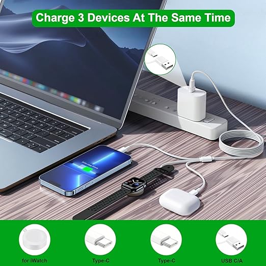 TOP-UP 3 in 2 USB C Cable for Apple Watch Charger (4FT/1.2M) – Fast Multi Charging Travel Cable Compatible with iWatch Ultra 2/SE 2/Series 11–1, iPhone 17/16/15 Series, iPad, AirPods