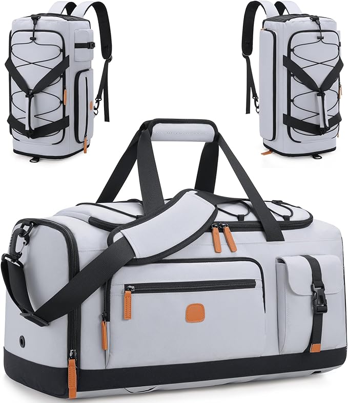 Gym Bag for Men and Women with Shoe & Laptop Compartment, 3-in-1 Sports Travel Duffel Bag Anti-Theft Weekender Carry-on Backpack for Airplane & Workout, Overnight Travel Bag, 35L, Light Grey, Medium