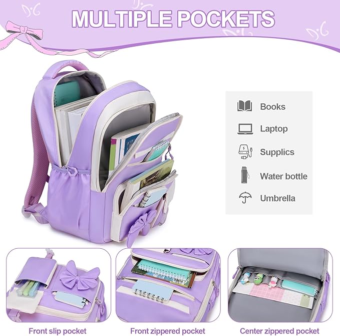 DIGOBAY Backpack for Girls, 3PCS Girls Backpack for School with Lunch Bag Pencil Case, Cute Kids Teens Bookbag for Kindergarten Elementary Preschool Middle School (Purple)