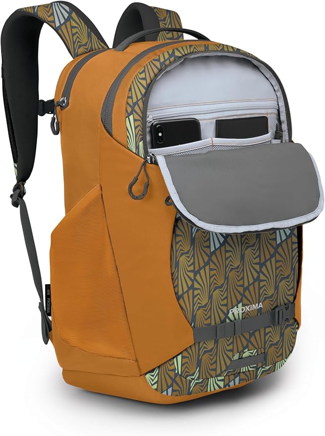 Osprey Proxima 30L Campus Laptop Backpack - Organized Everyday Pack with Tech Storage, Bottle Pockets, and Comfortable Carry - Perfect for College, Commute, and Travel, Kazuma Print/Toffee Orange
