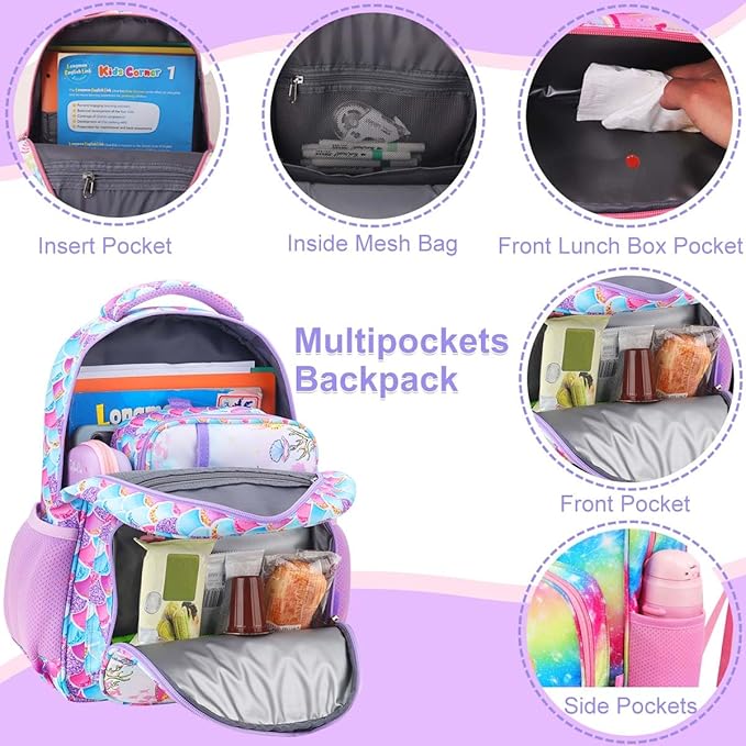 RHCPFOVR Kids Backpack for Girls - Girls Backpack 3-8 Ages Mermaid for Kids 15 Inch School Bookbag for Kindergarten Elementary School Bookbag for Girl 1st 2nd Grade