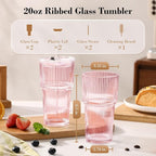 GOSCHE 20oz Iced Coffee Cups with Lids, Glass Cups with Lids and Straws, Thickened Glass Tumbler Set Ideal for Latte, Juices, Cocktails and Beverage, Pink, 2 Pack
