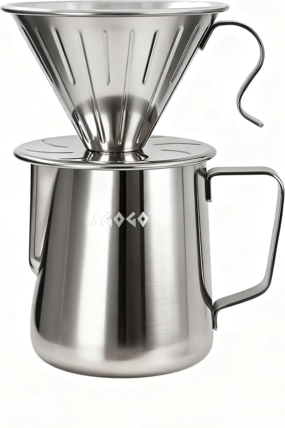 AGOGO Pour Over Coffee Maker Set - Unbreakable 304 Stainless Steel V60 Dripper & Server for Camping & Home, Includes 50 Paper Filters & Barista Towel - Silver - 20oz