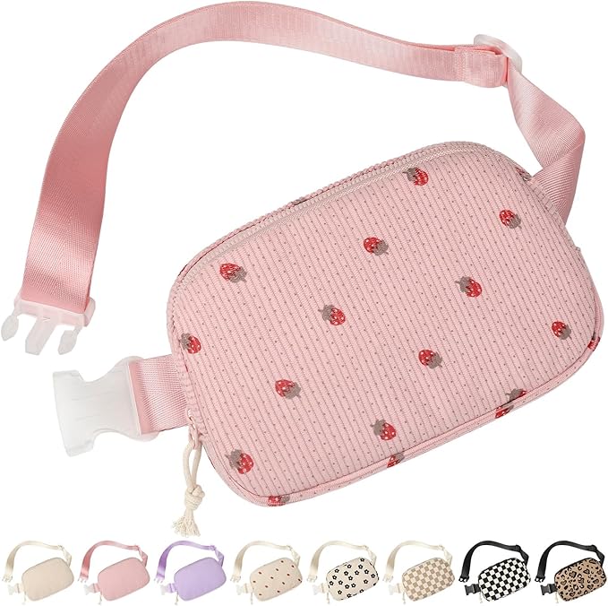 Vankor Corduroy Cute Fanny Packs for Women Cross Body, Everywhere Belt Bag for Women Crossbody Stylish Waist Pack Purse for Travel, Hiking, Workout, Running, Pink Corduroy Strawberry