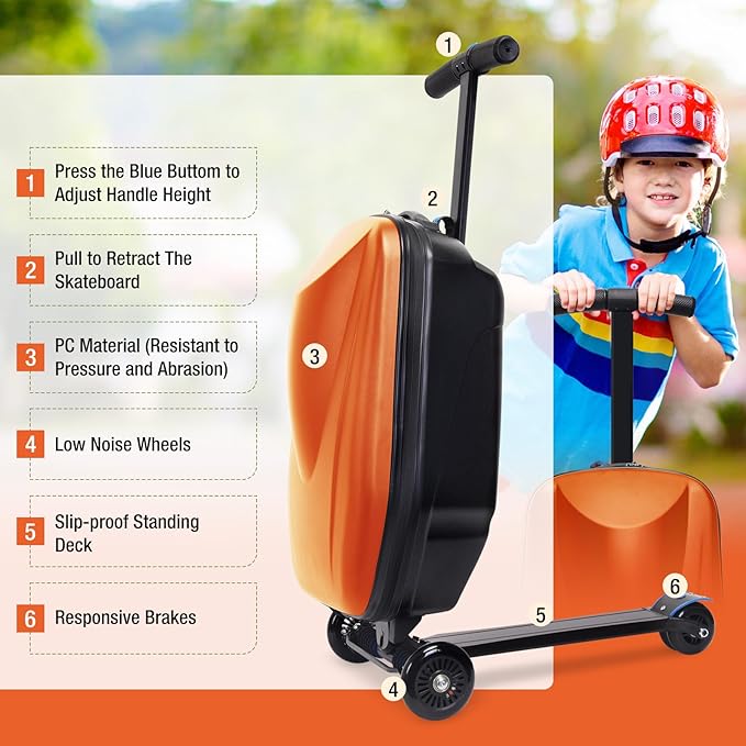 2-in-1 Ride-On Scooter Suitcase for Kids & Adults, 20” Foldable Hardshell Carry-On Luggage for Travel, Lightweight Kids Scooter Bag with Wheels