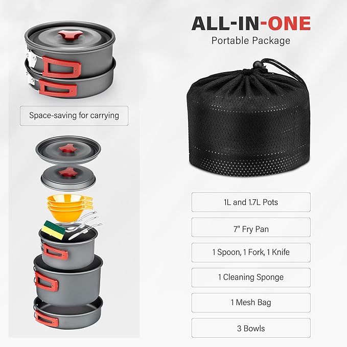 Alocs Camping Cookware Set - Lightweight Camping Pots and Pans - Portable Outdoor Cookware with Kettle - Camping Cookware Mess Kit for 2