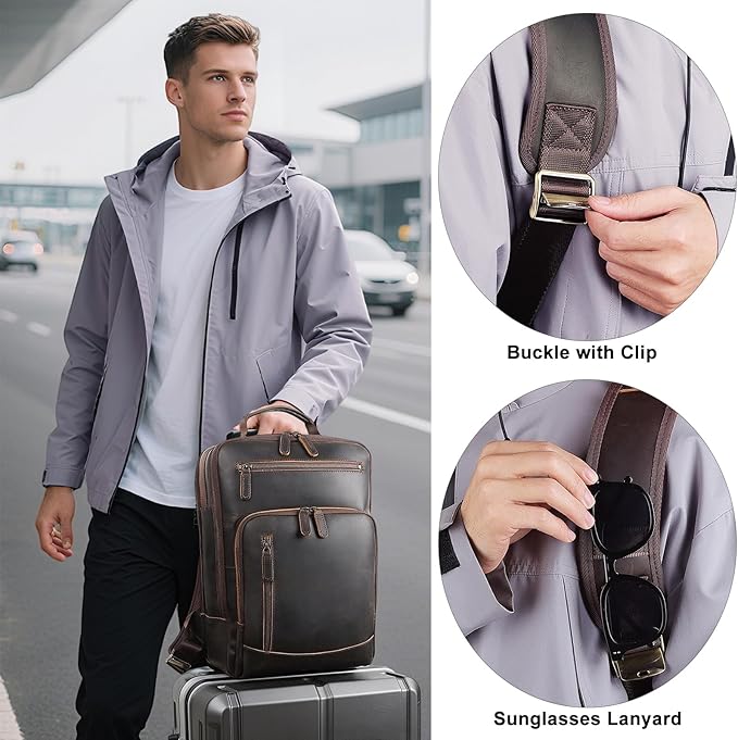 TIDING Full Grain Leather Laptop Backpack for Men, Vintage 15.6 Inch Computer Work Bag College Business Casual Daypack