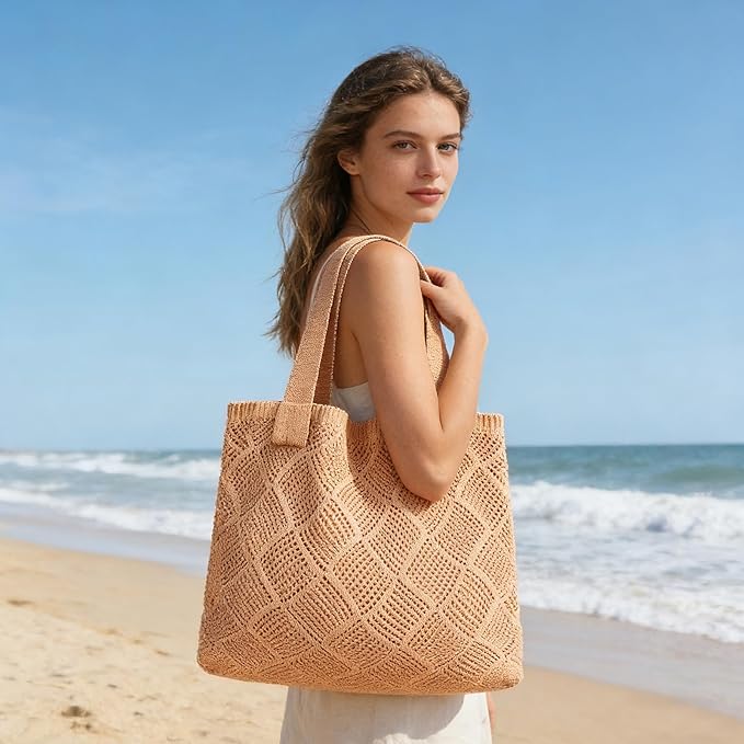 COOKOOKY Crochet Beach Tote bag Summer Beach Bag for Women Aesthetic Mesh Tote Bag Hippie Bag Knit Bag