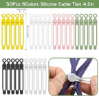 30Pcs Reusable Silicone Cable Ties 4.2in Wire Organizers for Cords, Charging Cables, USB Data Cables Electrical Cord Management 6Colors