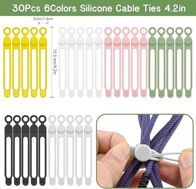 30Pcs Reusable Silicone Cable Ties 4.2in Wire Organizers for Cords, Charging Cables, USB Data Cables Electrical Cord Management 6Colors