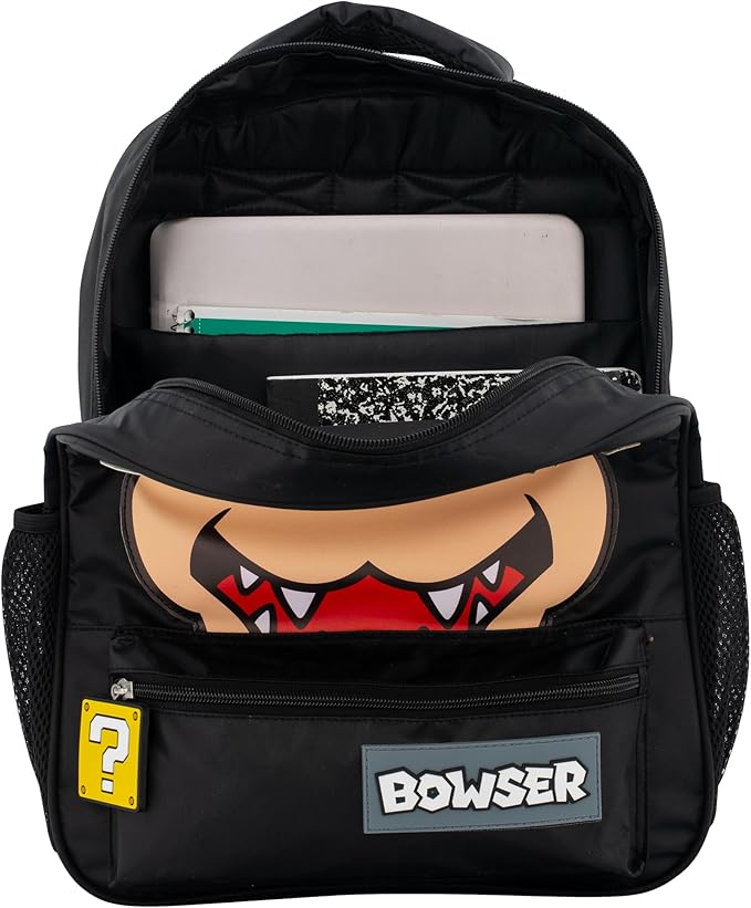 AI ACCESSORY INNOVATIONS Super Mario Bowser Backpack for Boys & Girls, 16 Inch Nylon Twill Big Face Schoolbag, Black