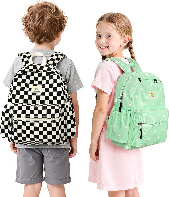 STEAMEDBUN Corduroy Kids Backpack for Girls and Boys 5-8: Boys Backpack for Elementary Kindergarten - 15 inch Cute Backpacks for Kids - Checkered