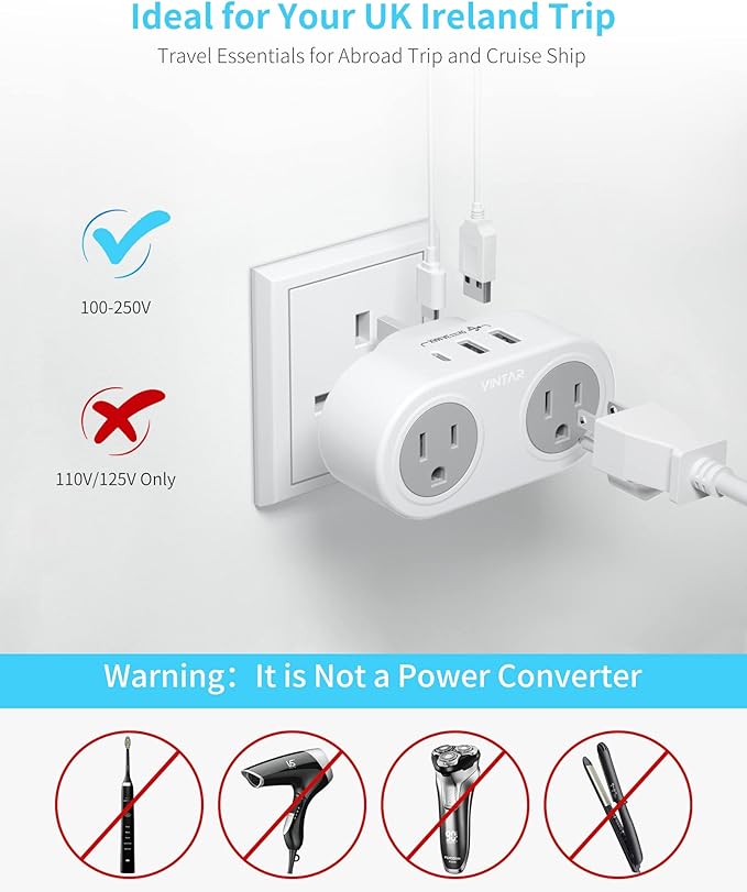 US to UK Ireland Travel Plug Adapter 2 Pack, VINTAR Type G Plug Adapter with 2 Outlets 3 USB Ports(1 USB-C), UK Power Adaptor for USA to England Scotland Dubai Hong Kong British Kenya London