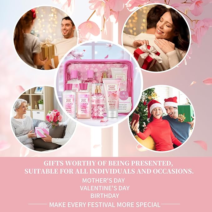 Bath and Body Gift Set for Women and Girls, 4PC Travel Size Self Care Spa Kit with Body Scrub, Shower Gel, Body Lotion & Mist, Japanese Cherry Blossom Floral Scent, Gift for Teens Mom Bride