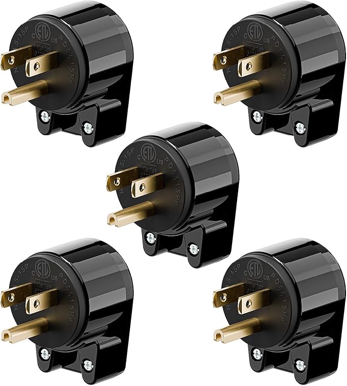(5PACK) ETL Listed 90 Degree USA Canada Male Plug Nema 5-15P 3 Pole Angle DIY Plug, 15A 125V USA 3Pin Right Angle AC Plug