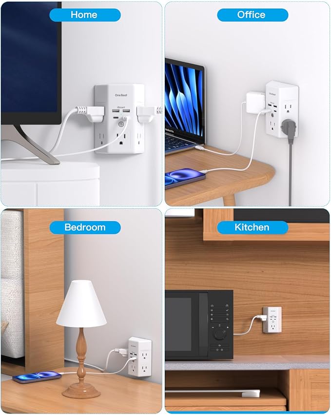 Multi Plug Outlet, Surge Protector, 5 Outlet Extender with 4 USB Charging Ports (2 USB C), USB C Wall Charger, 3-Sided 1800J Power Strip Outlets Splitter Wall Plug Adapter Spaced for Dorm Home Office