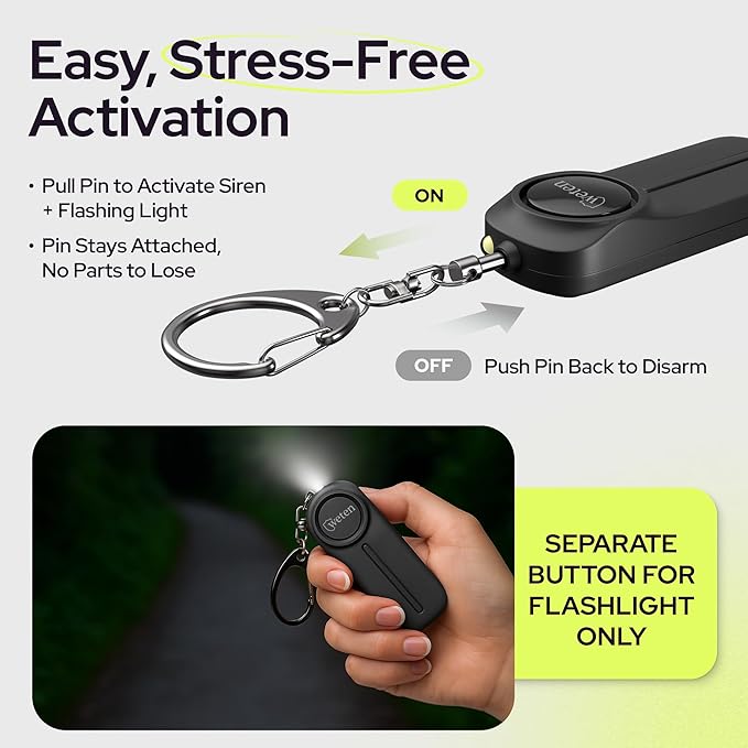 Personal Alarm Keychain for Women Self Defense - Loud Safety Whistle Alert Device with LED Light – 130 dB Emergency Security Handheld Siren Key Chain by WETEN, Black