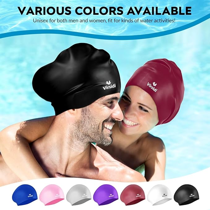 2 Pack Large Swim Caps for Long Hair, Silicone Swimming Cap for Adult Women Men, Waterproof Swim Hats Bathing Caps to Keep Hair Dry with Bonus Nose Clip and Earplugs