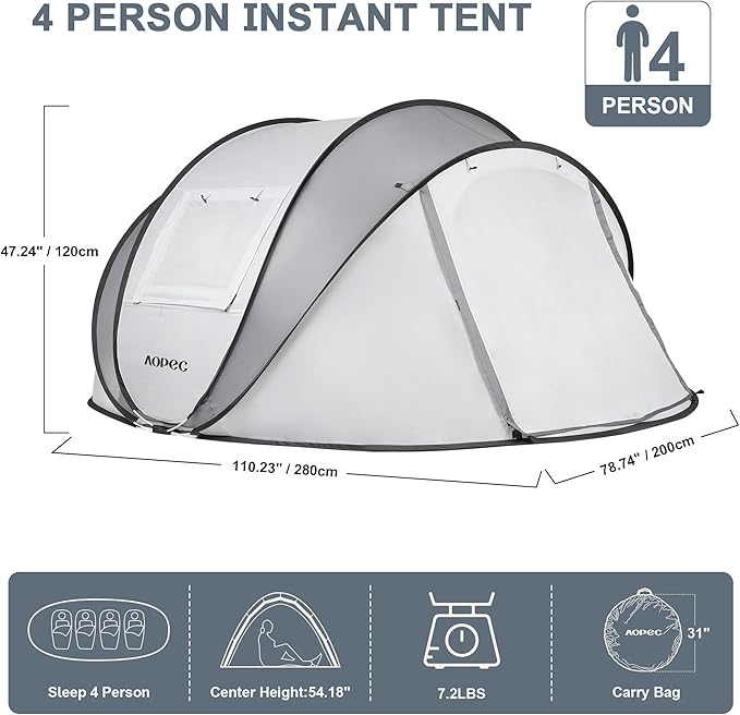 Pop Up Camping Tent, 2/4/6 Person Instant Tent Waterproof PU4500mm, Spacious Ventilated Camping Tent with Front Porch, Quick Setup Lightweight Portable for Outdoor Camping Hiking Beach