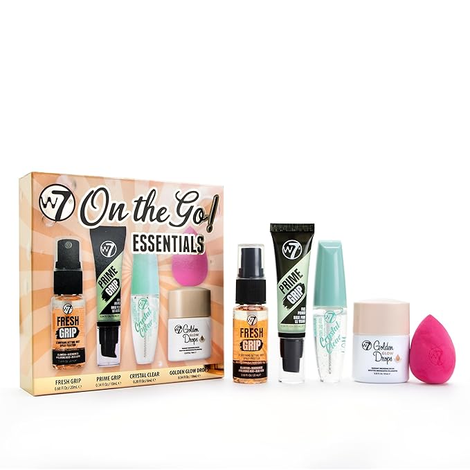W7 On the Go Essentials Set - Mini Makeup Must-Haves with Primer, Setting Spray, Mascara, Golden Glow Bronzing Drops & Beauty Sponge - Travel or Handbag Size Essentials