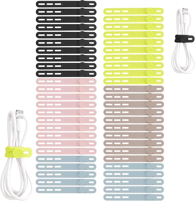 Oligei 50 Pcs Silicone Cable Ties, Cable Ties Reusable, High Elasticity Cord Wraps for Electrical Cords, Cord Organizer for Earphone, Phone Charger(Colorful)