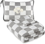 Travel Blanket and Pillow Compact, Premium Soft 2 in 1 Airplane Blanket with Soft Bag Pillowcase，Hand Luggage Sleeve and Backpack Clip (Grey Checkered)