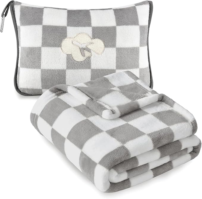 Travel Blanket and Pillow Compact, Premium Soft 2 in 1 Airplane Blanket with Soft Bag Pillowcase，Hand Luggage Sleeve and Backpack Clip (Grey Checkered)