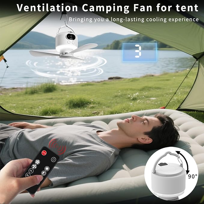 Camping Fan 10400mAh Battery Operated, USB Rechargeable Tent Fan with Remote Control,3 Detachable Blades, LED Light, 3 Speeds, Timer, Portable Ceiling Fan for Camping(White)
