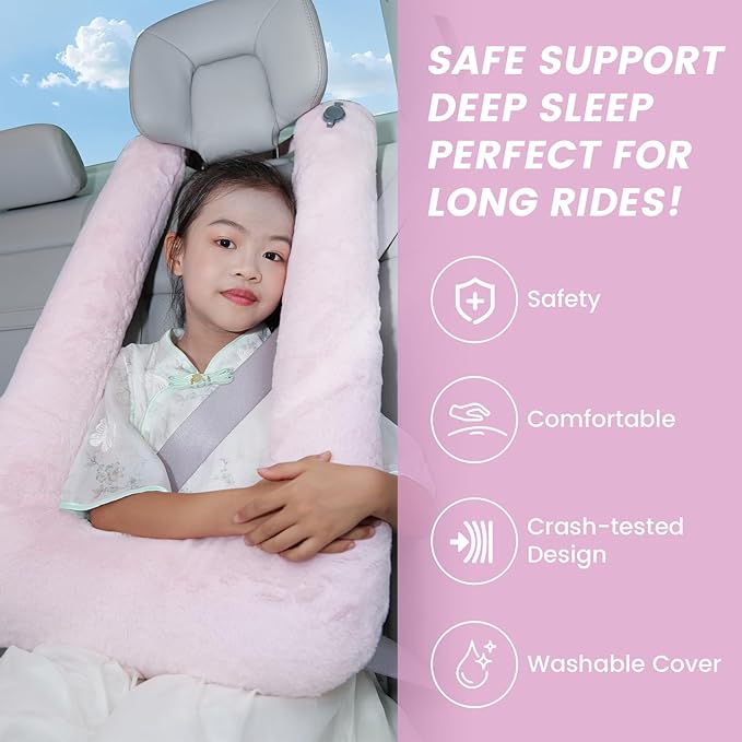 Keemall Car Pillow for Kids, Professional Inflatable Kids Car Pillow for Sleeping Carseat Travel - Safe, Reliable - Inflatable Travel Pillows for Kid Adult Car Seats Pink