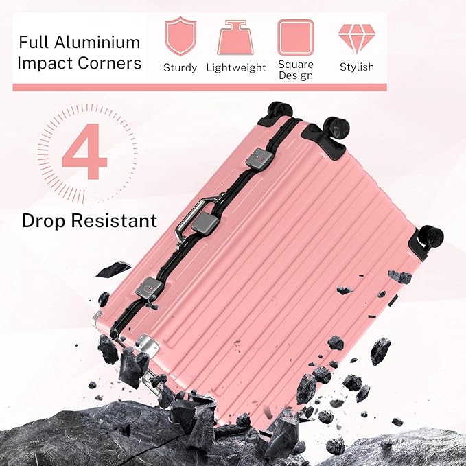 Krute Aluminum Frame Luggage 28 Inch Checked Suitcase with Spinner Wheels TSA Approved No Zipper Hard Shell Luggage PC+ABS Travel Suitcase Pink