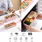Rarapop Green Stackable Bento Lunch Box Kit, 3-In-1 Compartment Wheat Straw Lunch Containers with Tableware, Reusable On-the-Go Meal and Snack Containers