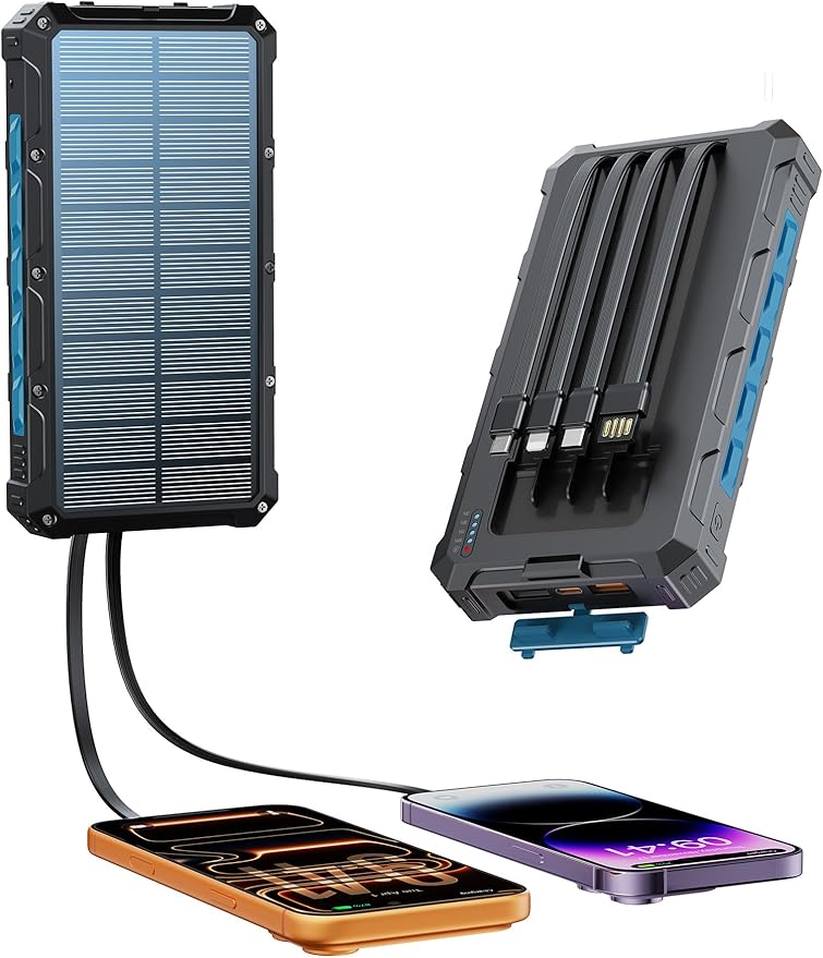 Solar-Charger-Power-Bank - 20000mah Solar Powered Battery Charger Cell Phone,20W Fast Charging Built in Cables,Camping Essentials Portable External Battery Pack Compatible with Multiple Devices