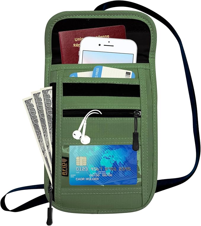 RFID Blocking Travel Neck Wallet Pouch and Passport Holder, Travel Neck Pouch Passport Holder for Women & Men - Army Green