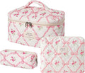 uekeboag Large Travel Quilted Makeup Bag for Women, Floral Cotton Cosmetic Bag, Coquette Aesthetic Floral Toiletry Organizer Bag
