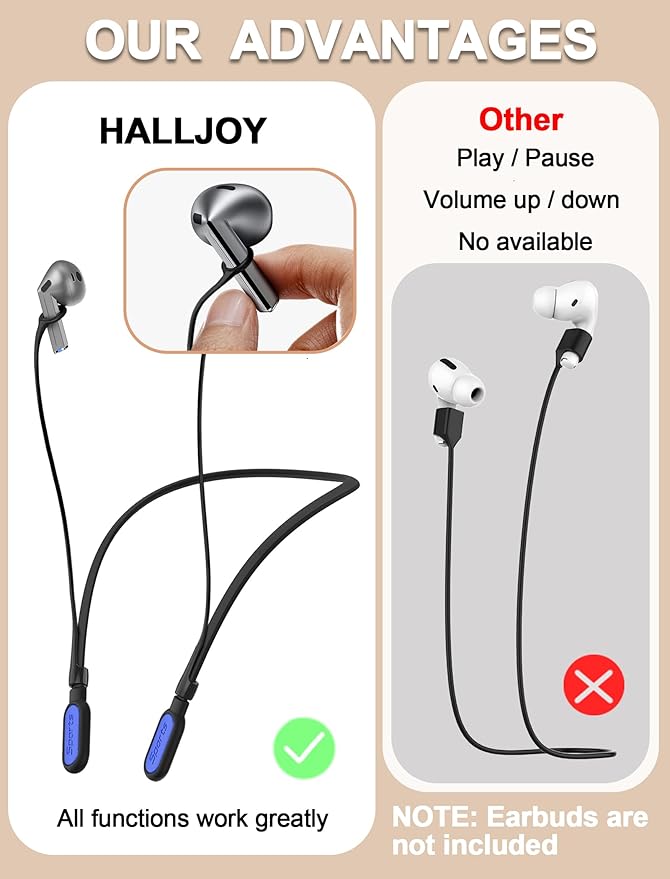 HALLJOY for Galaxy Buds 4/4 Pro/Buds 3/3 Pro Strap Neckband, Anti-Lost Accessories, Support Volume Control, Ergonomic Design, Fit Airpods Pro 3/2/1, Airpods 4, 3, 2, 1, Black Band/DarkBlue Tip