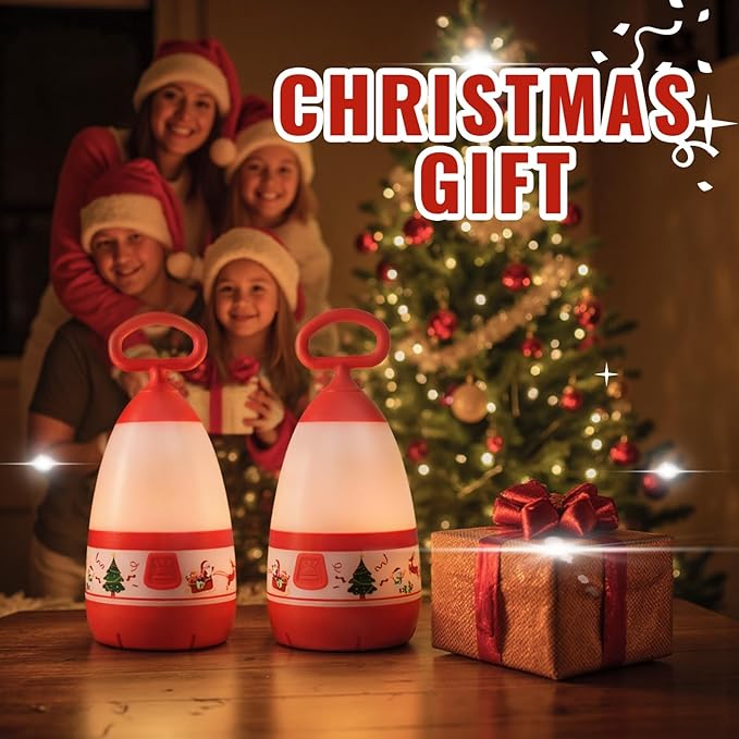 Kids Camping Lantern with Christmas Santa Sleigh Battery Powered (3×AAA Included), 3 Mode Eye Prptecting Night Light, IPX4 Waterproof Silicone Handle Tent Light for Children Gifts (2-Pack)