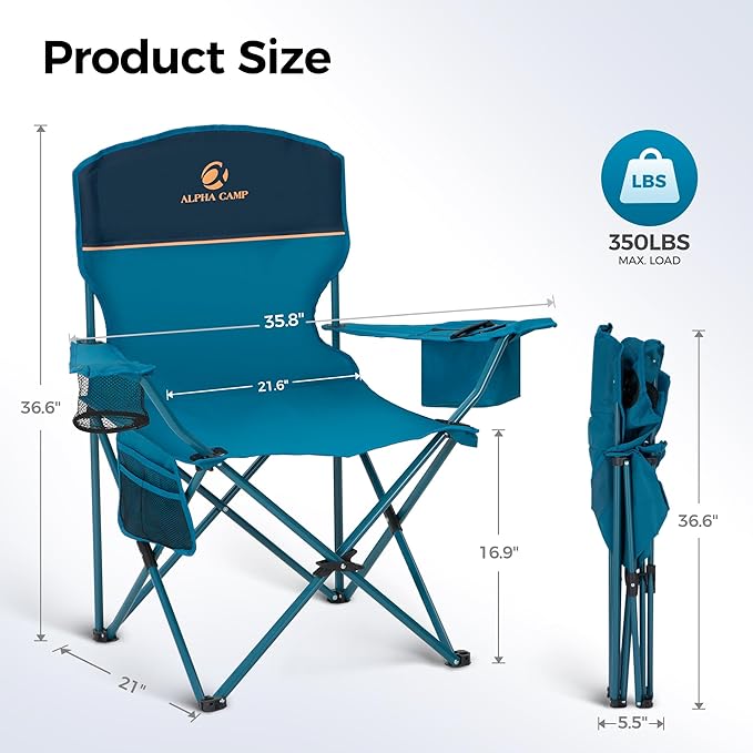 ALPHA CAMP Camping Chairs 250LBS Capacity, Heavy Duty Folding Chair with 4-Can Cooler Bag, Portable Outdoor Chair with Cup Holder for Adults, Collapsible for Tailgating, Beach, Fishing,Black,2PC
