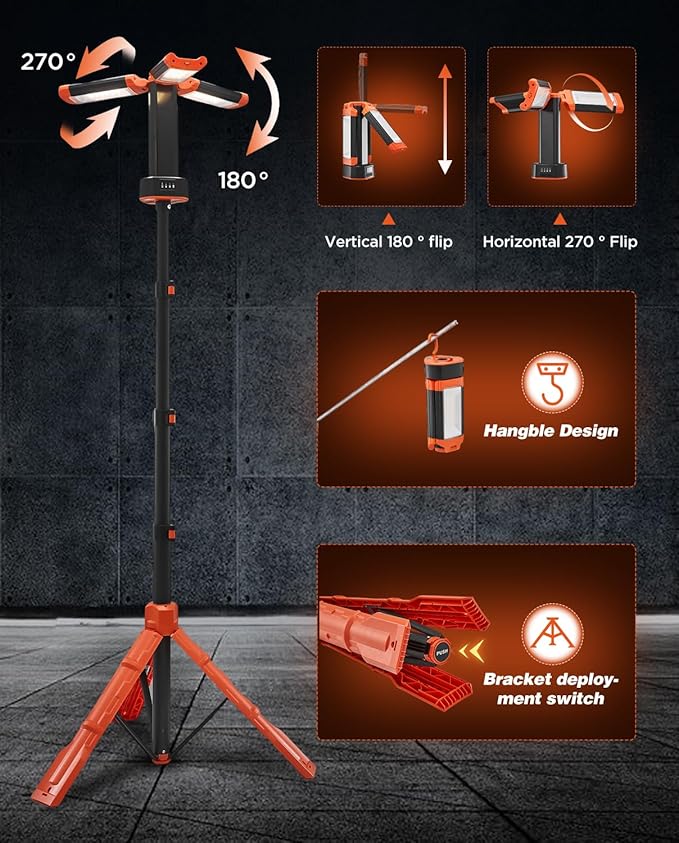 Saker Portable Camping Light with Stand 12000mAh 73.2" Rechargeable Work Light 3200 Lumen Camp Lanterns with Bag for Garage, Outdoor Work, Emergency Power Outages, Fishing LD10 Orange